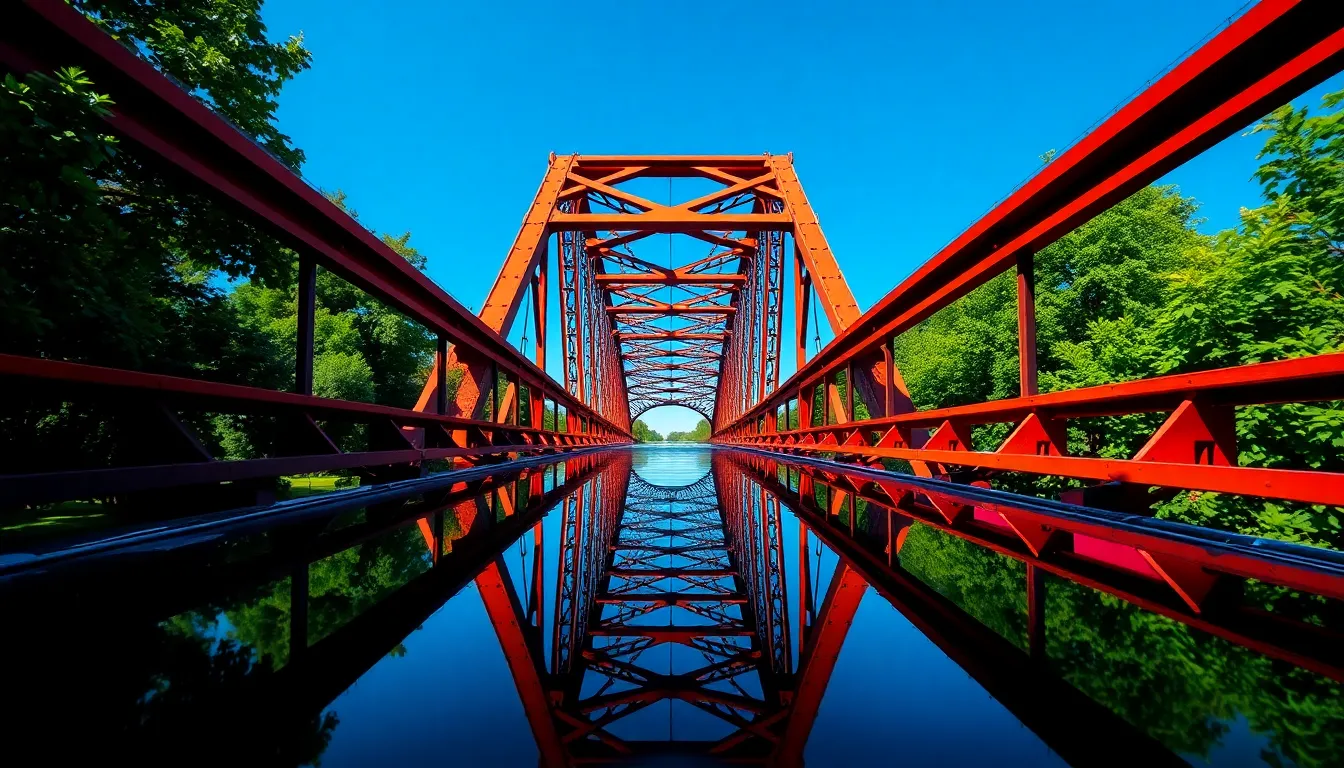 Sunlit Steel Bridge Surrounded by Nature This vibrant image depicts a sunlit steel bridge surrounded by lush greenery under a clear blue sky. The saturated colors, inspired by Fujifilm Velvia, bring the scene to life, highlighting the vivid greens of the park and the gleaming steel of the bridge. The centered symmetrical composition draws attention to the bridge's reflective surfaces, while hyperfocal clarity captures every detail of the flora surrounding it, creating a harmonious blend of nature and modern architecture.