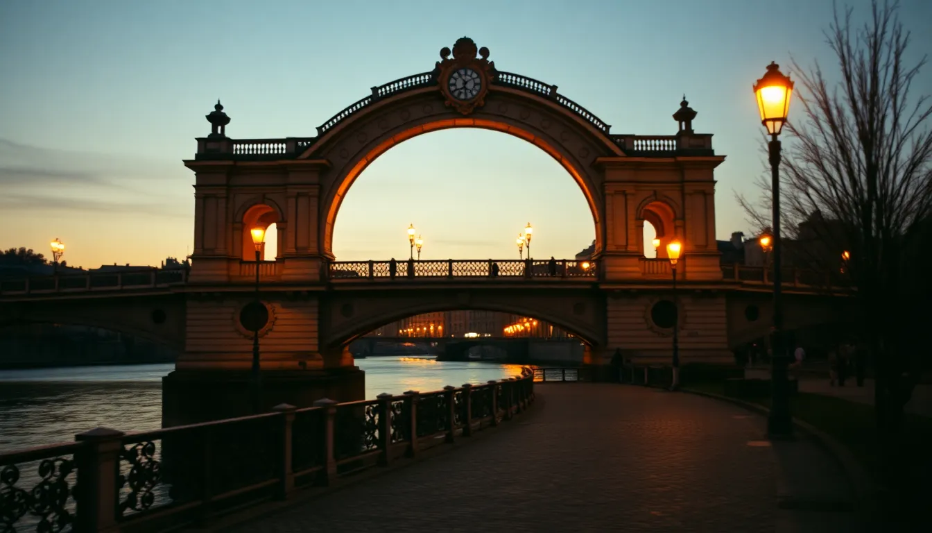 Vintage Bridge at Dusk This enchanting photo captures a vintage bridge at dusk, illuminated by the warm glow of street lamps creating an inviting atmosphere. The ornate details of the bridge’s arches stand out against the softly blurred background, inviting the viewer to explore the scene further. The natural muted tones evoke a sense of nostalgia, while the rule of thirds composition expertly balances the elements in the frame, showcasing the bridge as a focal point amid the tranquil river surroundings.