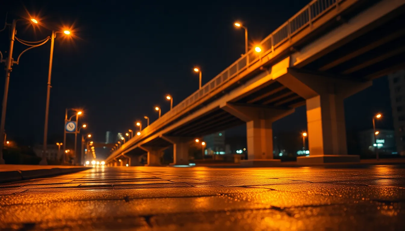 Nighttime Urban Bridge Reflections