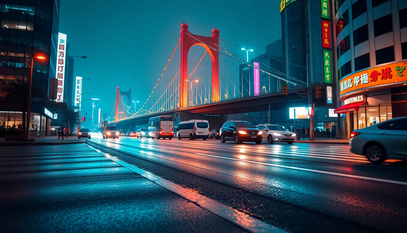 Nighttime Urban Bridge with Neon Lights