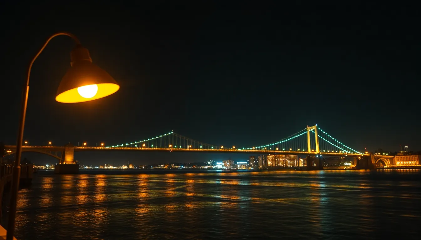 Illuminated Suspension Bridge at Night