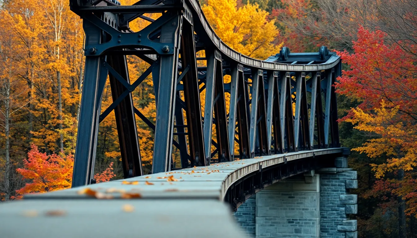 Autumnal Charm of an Old Railway Bridge A nostalgic image capturing an old railway bridge nestled among autumn foliage. The warm morning light accentuates the intricate details of the weathered metal and stone structure, while the rich colors of fall create a stunning backdrop. Positioned using rule of thirds, the bridge draws the eye, complementing the serene atmosphere of the scene. Muted tones enhance the historical charm, making this image a timeless reminder of industrial beauty.