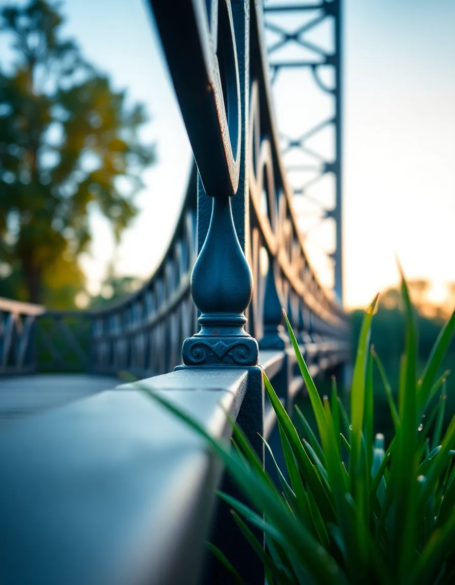 Close-Up of Bridge Details in Morning Light A detailed close-up of a bridge railing captured in the soft light of early morning. The vibrant colors and textures bring to life the intricate design elements found in architectural features. Surrounded by lush green foliage, the image highlights the meticulous craftsmanship while the dew drops add a touch of freshness. This photograph perfectly balances nature and human engineering in a harmonious composition.