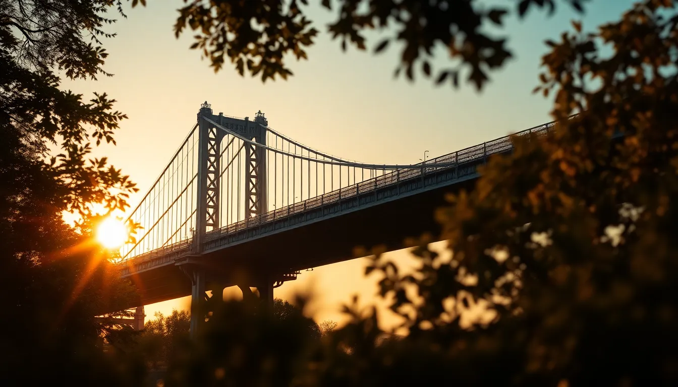Majestic Bridge Framed by Nature This majestic view of a bridge showcases its architectural splendor against a backdrop of vibrant foliage at golden hour. Captured from a low angle, dappled sunlight adds texture and dimension, while the rich colors amplify the scene's grandeur. Foreground elements provide depth, creating a stunning visual narrative that emphasizes the relationship between nature and infrastructure.