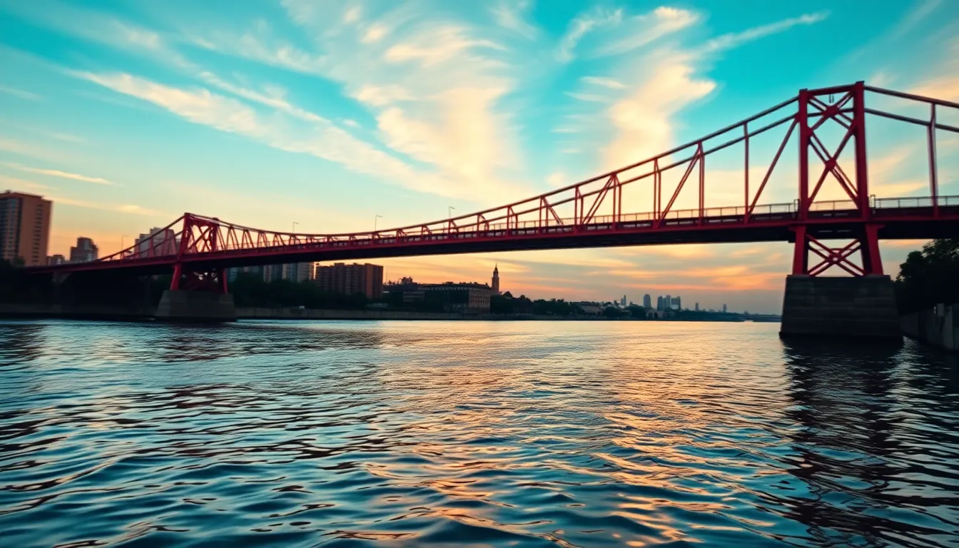 Stunning Sunset Over City Bridge A breathtaking view of a bridge at sunset, capturing the interplay of vibrant colors in the sky and water. The bridge, framed beautifully, exhibits rich textures and intricacies of its structure. Golden hour lighting casts warm reflections on the surrounding river, creating a serene yet dynamic composition. This image portrays the essence of a bustling city transformed by the magical colors of dusk.