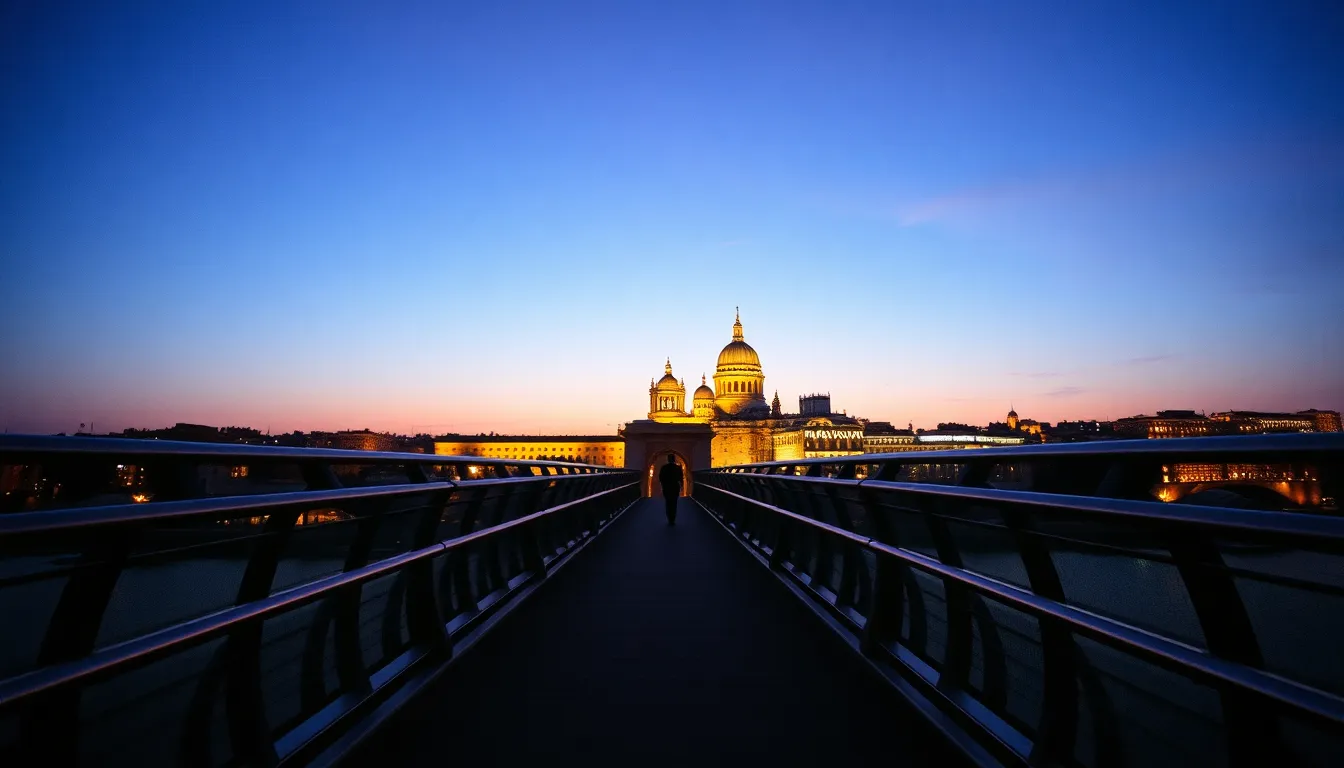 Modern Pedestrian Bridge at Twilight This photorealistic image features a modern pedestrian bridge at twilight, surrounded by a city skyline bathed in ambient light. The bridge's sleek metal and glass elements are contrasted against the warm hues of the old city structures. The use of hyperfocal distance allows the view to take in both the intricate details of the bridge and the distant skyline. The warm colors and neon reflections create a captivating urban atmosphere perfect for showcasing modern architecture.
