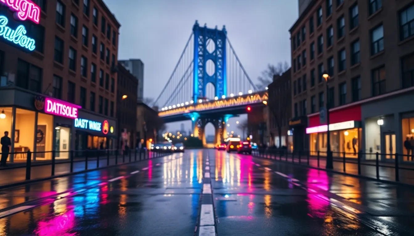 City Bridge at Night with Neon Reflections