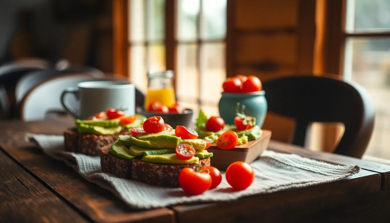 A vibrant brunch scene featuring a beautifully arranged spread on a rustic wooden table. The natural light streaming through the window enhances the freshness of creamy avocado toast topped with cherry tomatoes and microgreens. Complemented by a soft linen napkin, the image captures inviting earthy tones. Perfectly styled for a cozy brunch atmosphere, this image conveys warmth and comfort.