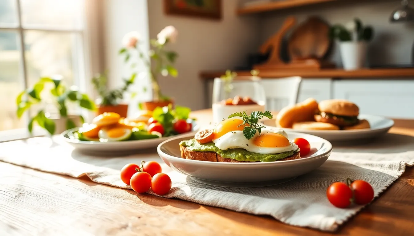 This inviting brunch scene showcases a beautifully styled plate of avocado toast topped with poached eggs and cherry tomatoes, all set on a rustic wooden table. Morning sunlight filters through a bay window, casting warm highlights on the food and creating a cozy atmosphere. The soft bokeh of kitchen plants in the background enhances the warmth of the color palette, making the meal appear fresh and appealing. Perfect for capturing the essence of a relaxed weekend brunch.