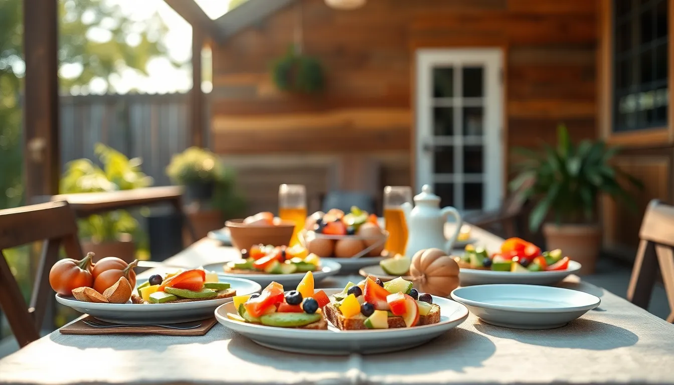 This image showcases an inviting brunch table set on a rustic wooden patio, featuring vibrant dishes like avocado toast and a colorful fruit salad. Soft, natural daylight casts a warm glow, enhancing the fresh colors of the food and the texture of the linen tablecloth. The shallow depth of field draws attention to the beautifully arranged plates while softly blurring the background. This scene evokes a relaxed and cheerful atmosphere, perfect for brunch gatherings.