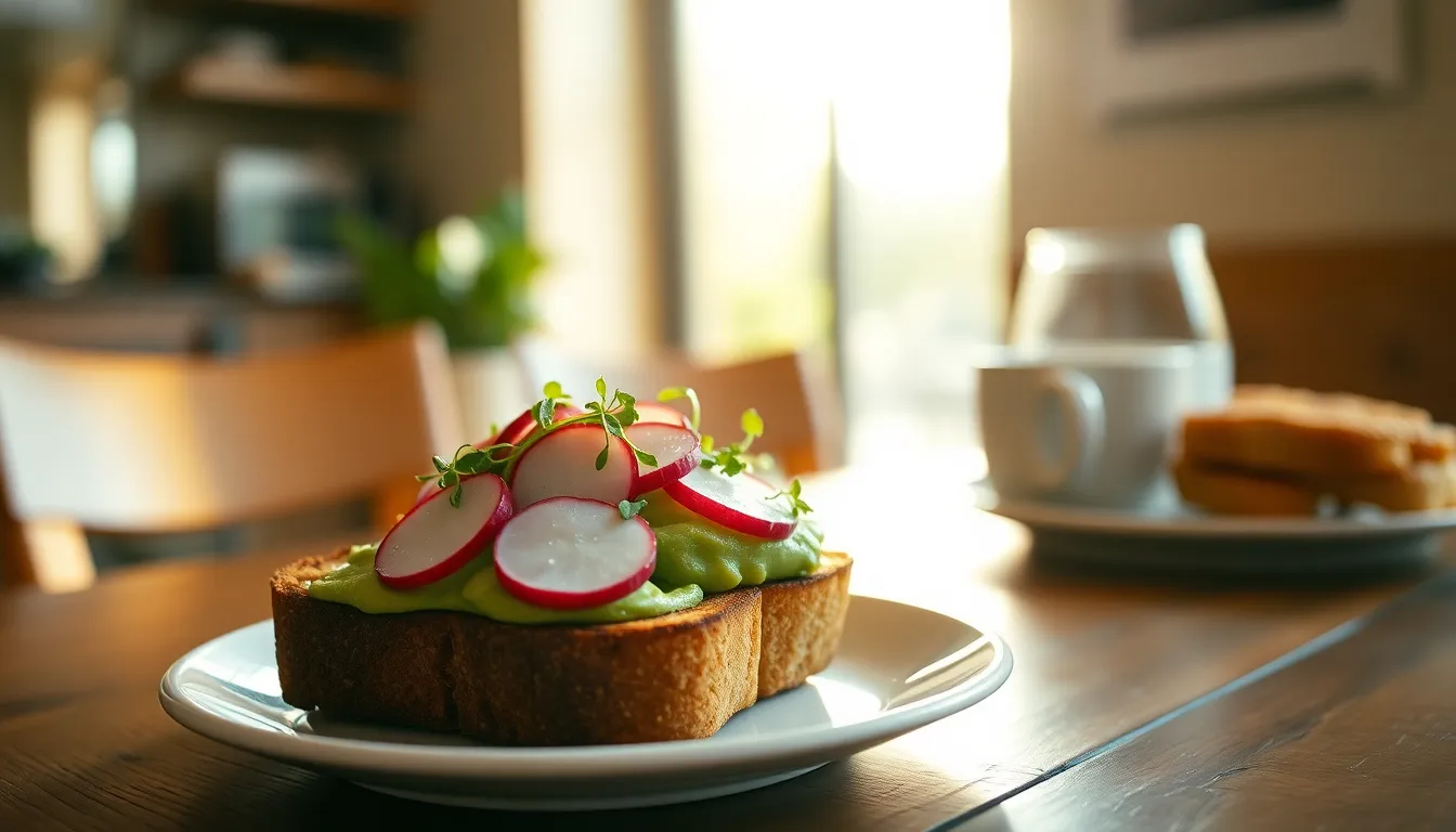 A cozy brunch scene featuring a vibrant plate of avocado toast, beautifully garnished with radishes and fresh microgreens. Natural warm light filters through the café window, casting a soft glow on the rustic wooden table. The creamy bokeh background draws attention to the dish while enhancing the inviting atmosphere. This photorealistic image captures the essence of a delightful brunch experience, perfect for food lovers and café enthusiasts.