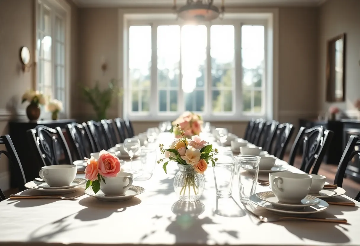 Elegant Brunch Table Setting with Flowers An elegant brunch table setting exudes sophistication with fine china and delicate floral arrangements. Natural light streams through large windows, casting gentle shadows that enhance the table's features. The soft pastel colors of the dishes harmonize with the natural muted tones of the surroundings, creating a calm ambiance. The hyperfocal distance ensures every detail is crisp, inviting viewers to imagine themselves seated at this lovely brunch.