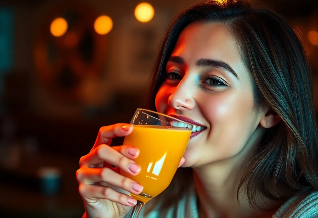 In this lively brunch scene, a young woman smiles with joy as she sips on a refreshing mimosa. Captured in a studio setup with a warm lighting scheme, the image exudes a festive atmosphere perfect for gatherings with friends. The selective focus on her expression and the blurred background help highlight the beauty and texture of her natural skin, creating an inviting and elegant composition.