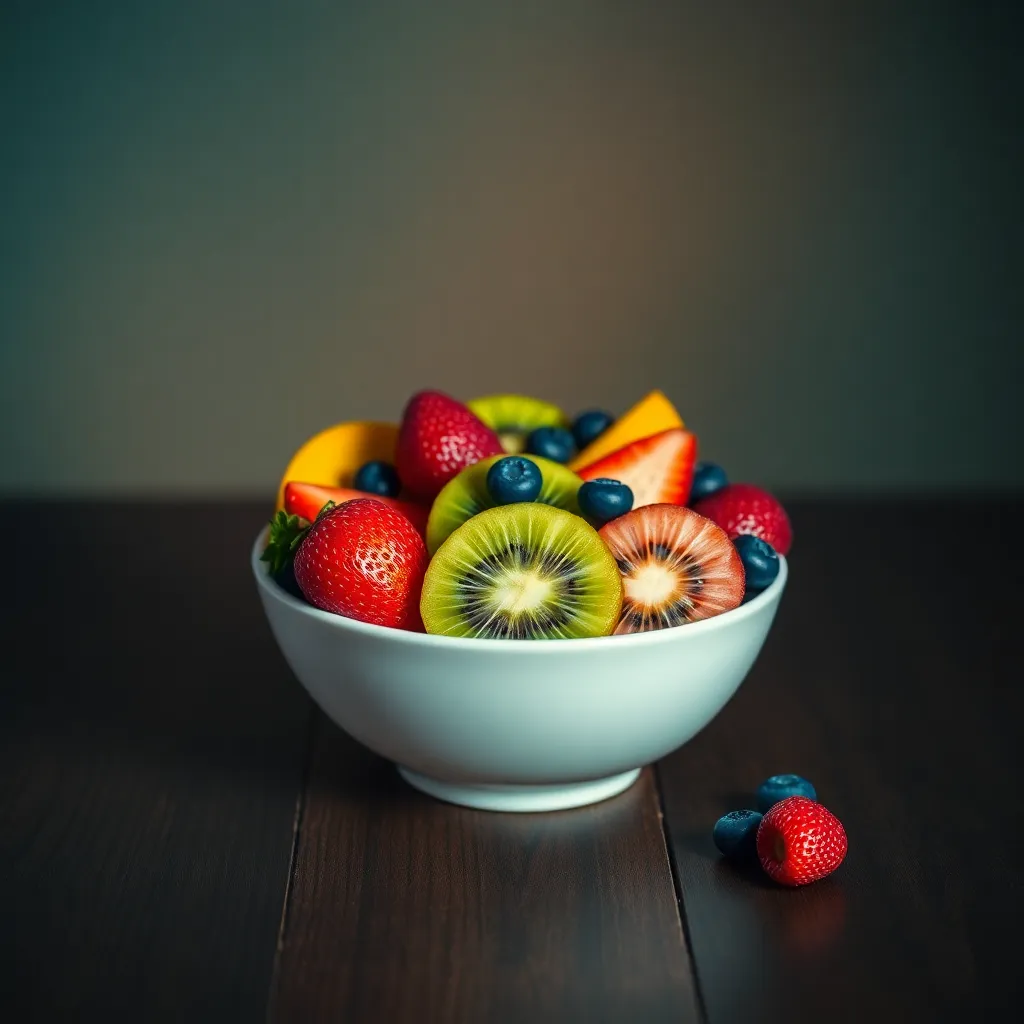 A vibrant fruit bowl brimming with sliced kiwi, strawberries, and blueberries on a dark wooden surface. The high contrast lighting creates artistic shadows and highlights, emphasizing the texture and color of the fruits. The image combines modern aesthetics with a fresh, healthy brunch vibe, making it appealing for lifestyle content and health-focused publications.