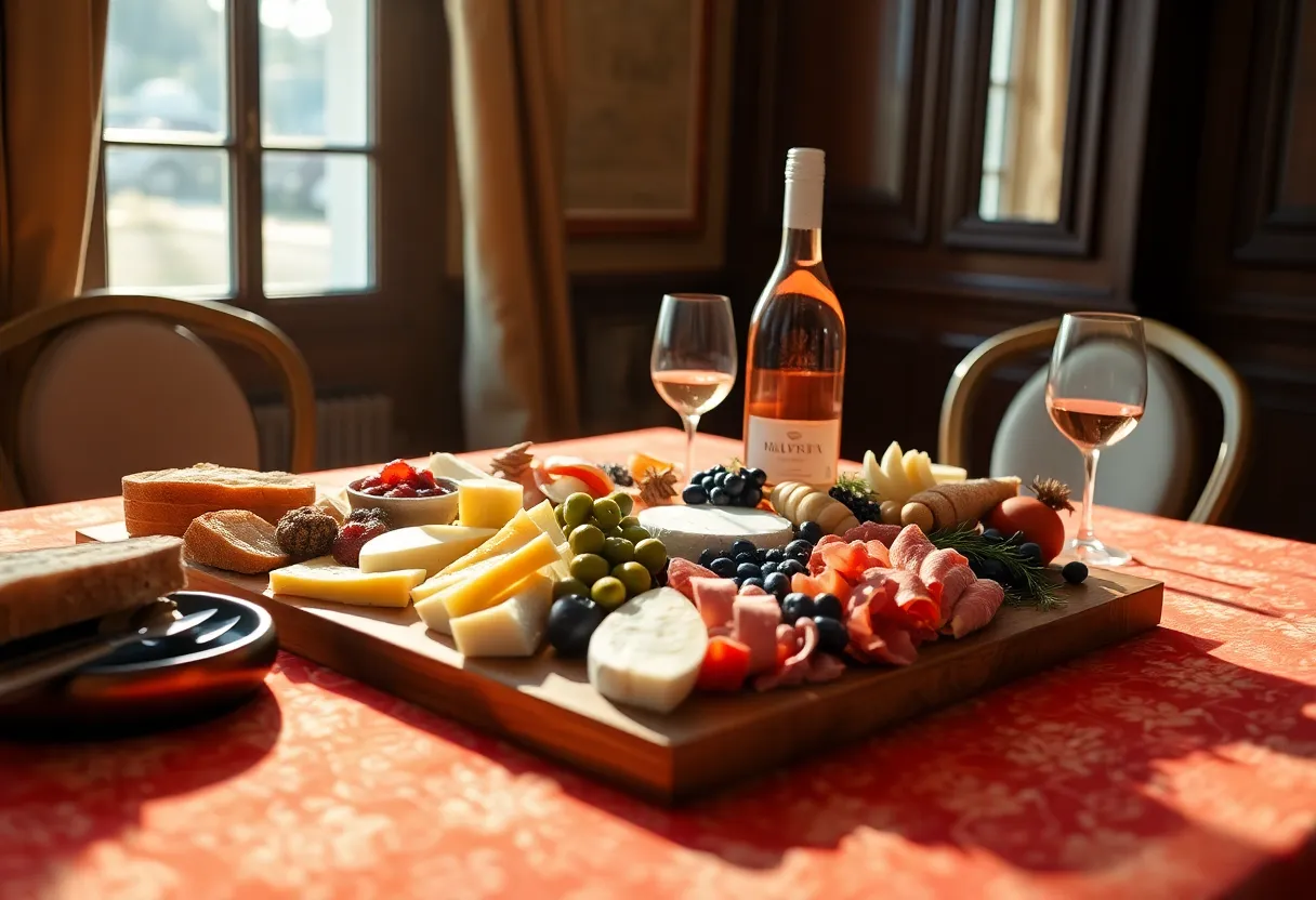 An exquisite brunch platter beautifully arranged on an elegant dining table, featuring a variety of cheeses, olives, charcuterie, and artisanal bread, all perfectly paired with a bottle of rosé wine. Natural light cascades through the window, enhancing the luxurious feel of the scene while soft shadows add depth. The elegant arrangement and soft color palette create a sophisticated atmosphere, ideal for a refined brunch occasion. This image encapsulates the essence of indulgence and leisure in a stylish setting.