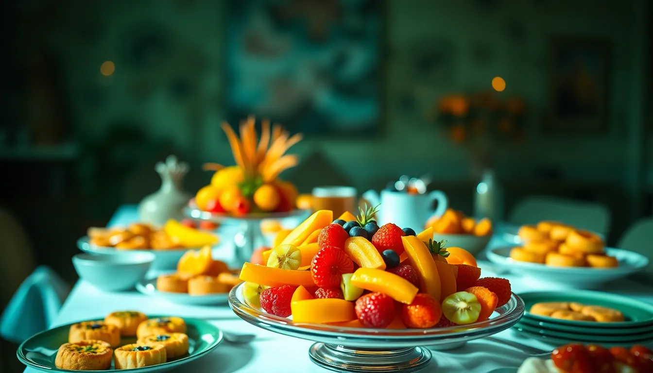 Vibrant Brunch Buffet with Fruits and Pastries An enticing brunch buffet beautifully arranged on a crisp white tablecloth, showcasing an array of colorful fruits, pastries, and quiches. The dramatic morning light highlights each dish's texture and color, creating a mouthwatering scene. The composition employs leading lines to guide the viewer's gaze towards the fruit platter, while everything remains crisp and sharp due to hyperfocal distance. This vibrant setup invites viewers to indulge in a sumptuous brunch experience.