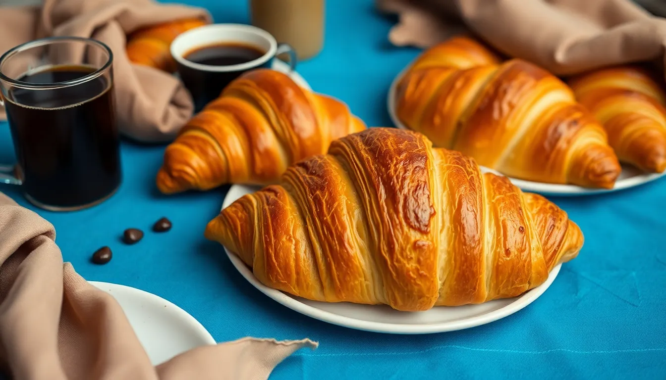 An inviting brunch scene featuring freshly baked croissants, vibrant jam, and a steaming cup of coffee elegantly arranged on a rich blue tablecloth. The soft, diffused daylight enhances the warm textures of the croissants, while the overall muted color palette evokes a sense of tranquility. This photorealistic image captures the essence of a delightful morning brunch experience, perfect for food blogs and café-related content.