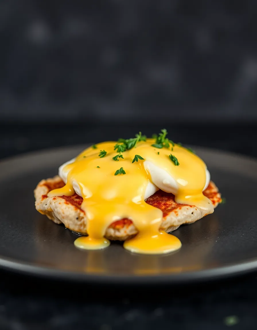 This exquisite close-up features a gourmet plate of eggs benedict drizzled with a silky hollandaise sauce and garnished with fresh herbs. Captured with meticulous detail, the butterfly lighting accentuates the textures and colors of the dish, creating a sophisticated culinary image. The shallow depth of field beautifully isolates the dish against a dark slate background, making the vibrant yellows and muted earth tones pop. Perfect for gourmet food enthusiasts and culinary presentations.