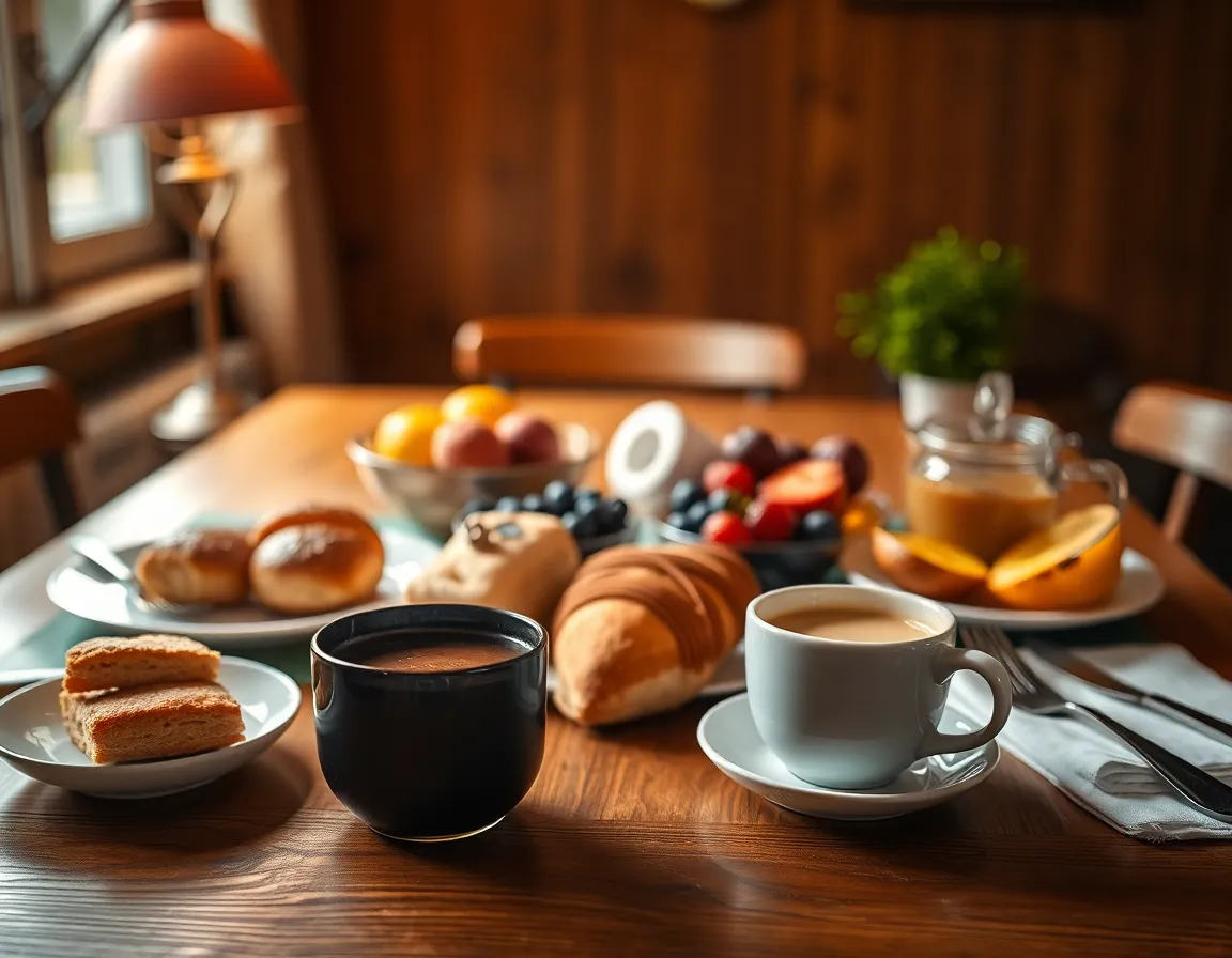 A beautifully styled brunch table featuring an arrangement of freshly baked pastries, vibrant fruits, and a steaming cup of coffee. The warm glow from tungsten lamps casts a cozy ambiance, making it inviting and perfect for brunch gatherings. The rich textures of the wood and the intricate details of the pastries promise a delightful experience for foodies.