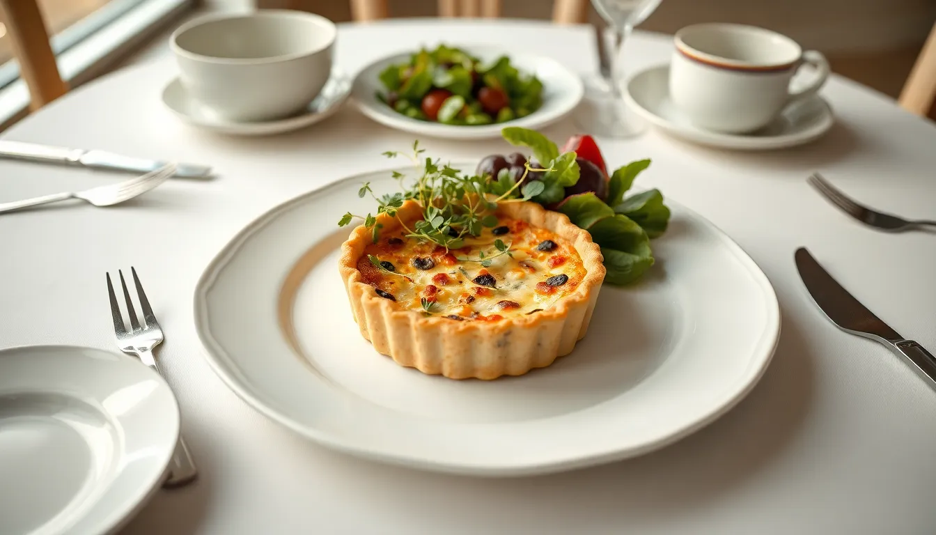 Explore the sophistication of this indoor brunch scene, featuring a gourmet quiche elegantly presented on delicate china with vintage cutlery. The soft studio lighting creates an inviting atmosphere, enhancing the natural beauty of the food. Muted colors and refined textures draw attention to the freshness and quality of the ingredients, making it a perfect choice for elegant dining.