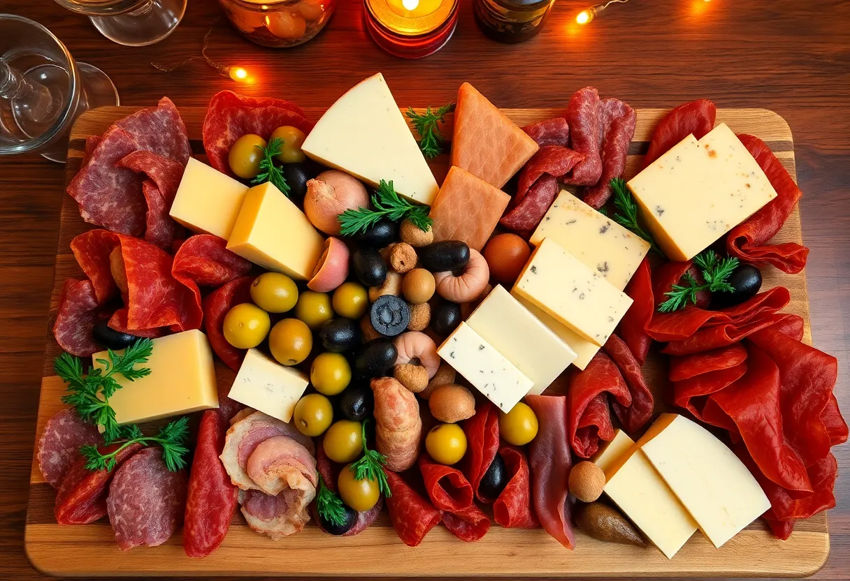 This stunning charcuterie board is an artisanal arrangement of cheeses, cured meats, olives, and fresh fruits, capturing the essence of a delightful brunch spread. The warm tungsten lighting enhances the rich colors of the food, creating a cozy and inviting atmosphere. With hyperfocal distance ensuring all elements remain sharp, the deep reds and creamy whites pop against a natural wooden background. This image is perfect for food lovers and presentations that celebrate gourmet brunch experiences.