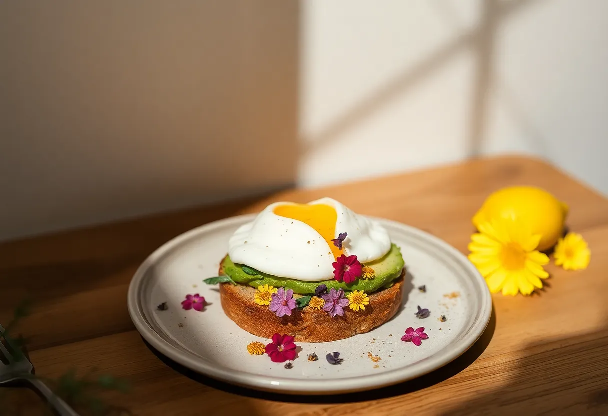 An elegant presentation of avocado toast topped with a delicately poached egg and vibrant edible flowers, creating a visually striking brunch plate. The soft overhead lighting enhances the textures and details of the dish. The muted color palette evokes a sophisticated ambiance, making this image ideal for gourmet food publications and brunch menus.