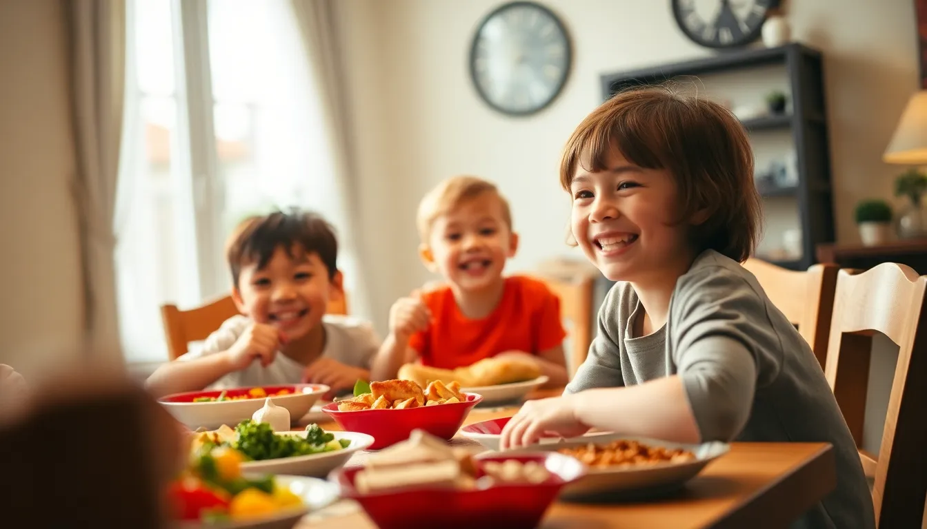 A heartwarming family brunch scene featuring children joyfully engaging at a dining table filled with colorful dishes. The soft practical lighting from the nearby window creates a warm, inviting atmosphere, while shallow depth of field focuses on the children's laughter and expressions. The vibrant colors of the food, paired with natural skin tones, enhance the nostalgic feel of family gatherings. This photorealistic image beautifully captures the essence of togetherness during brunch.