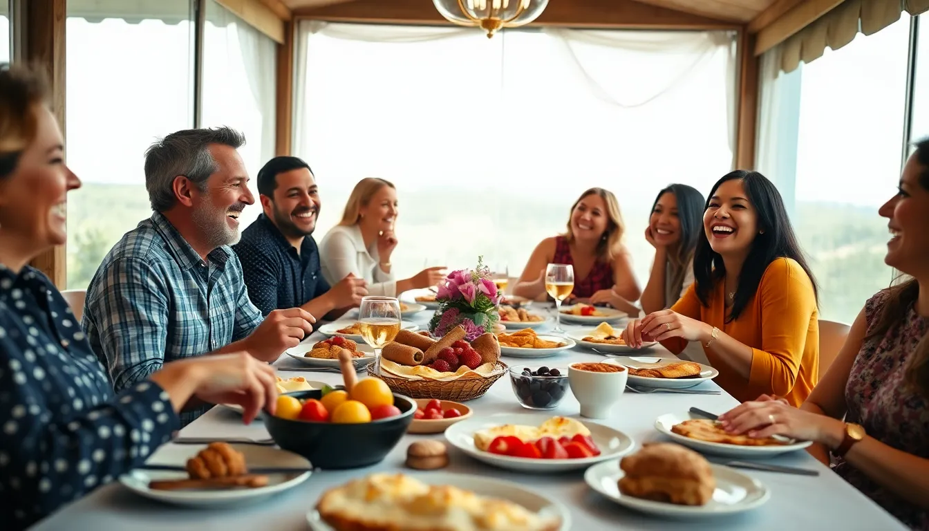 This lively brunch gathering depicts a group of friends captured in mid-laughter around a beautifully set table filled with a variety of delicious brunch items. The overcast daylight provides an even, soft illumination, highlighting their joyful expressions and the colorful arrangement of omelets, pastries, and fruit platters. The rich earth tones of the table contrast beautifully with the vibrant dishes, creating an inviting atmosphere. Ideal for showcasing the essence of friendship and community during delightful brunch moments.