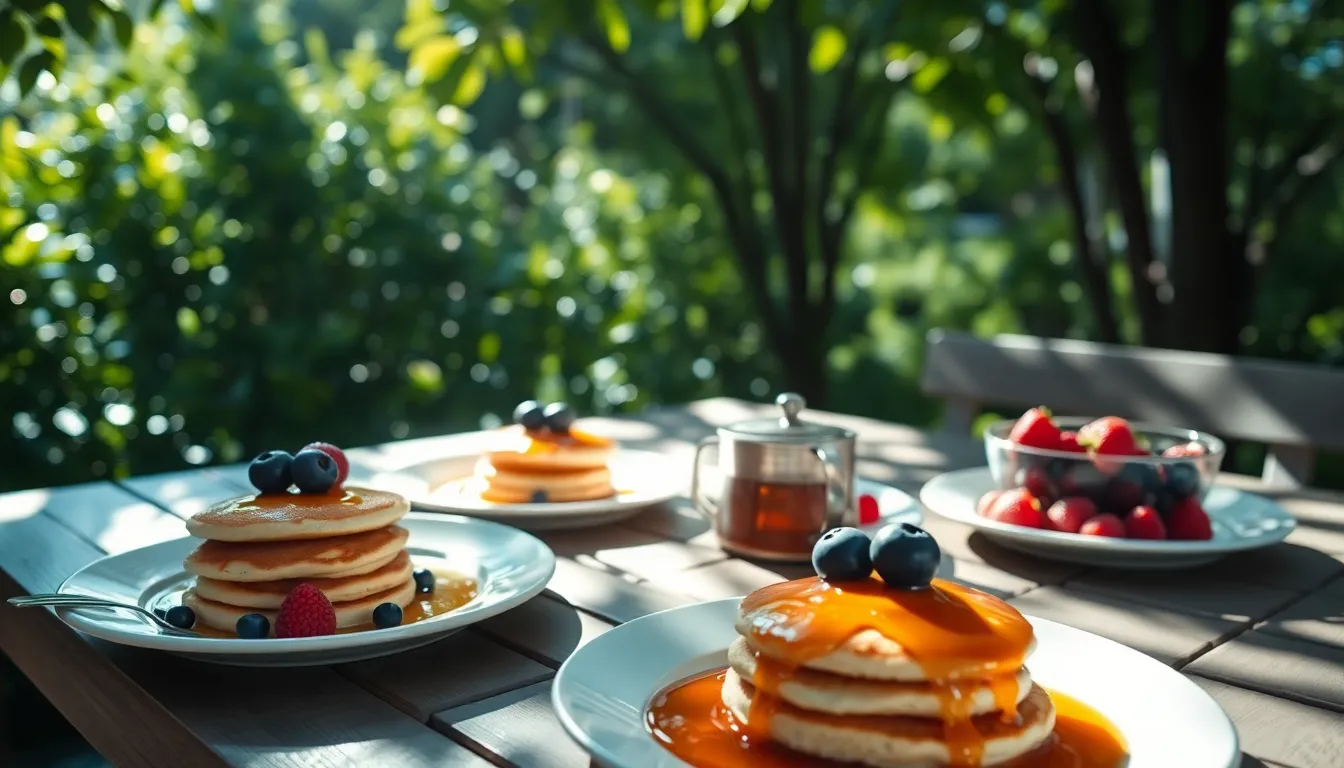 This photorealistic image showcases an inviting outdoor brunch setup featuring stacks of fluffy pancakes topped with fresh berries and drizzled with maple syrup. Dappled sunlight filters through the leaves, creating playful shadows across the beautifully arranged table. The vibrant colors and sharp details convey a lively atmosphere, perfect for nature enthusiasts and food lovers alike.