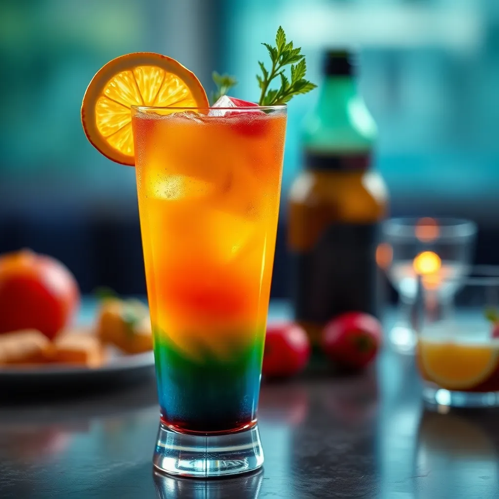 This image showcases an artisanal brunch cocktail, artfully layered and garnished with fresh herbs and citrus. Shot in a controlled studio environment with precise lighting, the cocktail is presented in a tall glass that captures light, creating reflections and enhancing its intricate details. The cinematic color grading of teal and orange adds vibrancy and appeal to the composition. This close-up invites viewers to appreciate the craftsmanship behind brunch beverages.
