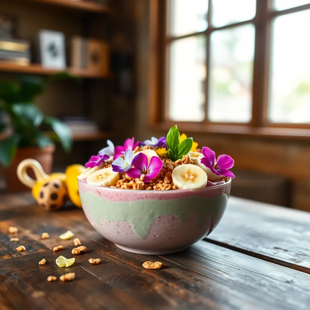 This bright, close-up image features a vibrant smoothie bowl topped with granola, banana slices, and delicate edible flowers, set against a rustic wooden table. Natural morning light enhances the freshness of the scene, creating a lively and inviting atmosphere. The shallow depth of field draws the viewer's eye to the intricate details of the toppings while softly blurring the background. With its colorful palette, this smoothie bowl represents a healthy and delightful option for brunch.