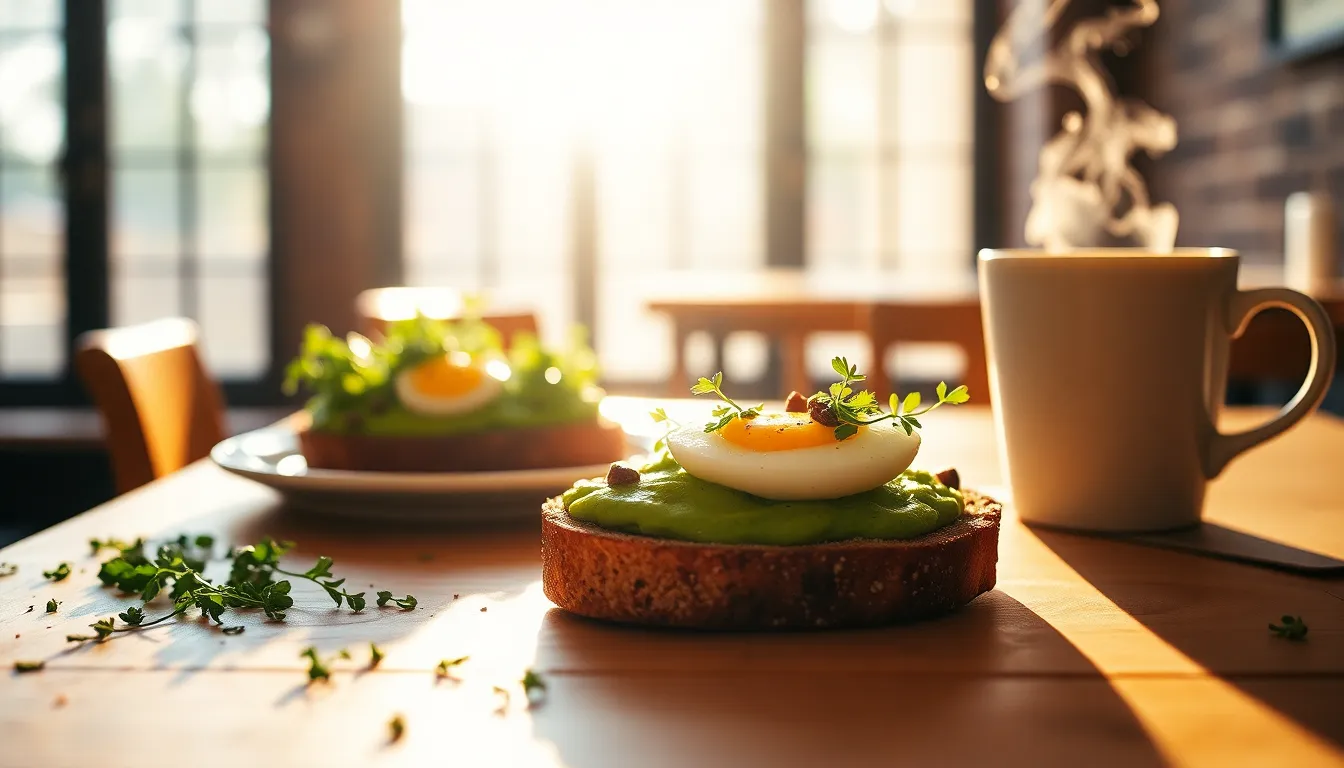 Avocado Toast with Latte Brunch Scene A cozy brunch scene featuring a pristine plate of avocado toast topped with microgreens and a perfectly soft-boiled egg, paired with a steaming latte. The warm natural light floods through a large window, highlighting the rustic wooden table's grain and texture. With a shallow depth of field, the background melts into soft bokeh, leaving the vibrant colors of the food to pop. This serene setting invites you to savor a delightful brunch experience.