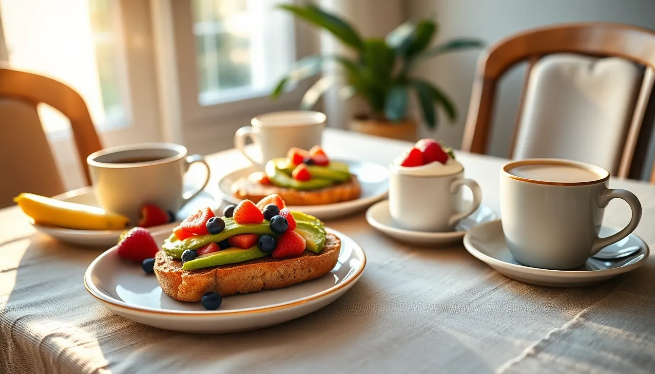 A scenic brunch setup featuring a variety of colorful dishes including avocado toast garnished with microgreens, fresh berries, and artisanal coffee. The table is thoughtfully arranged on a textured linen tablecloth, illuminated by golden hour sunlight that creates a warm and inviting atmosphere. The background is softly blurred, emphasizing the vibrant colors of the food, making it a perfect image for showcasing a delightful brunch experience.