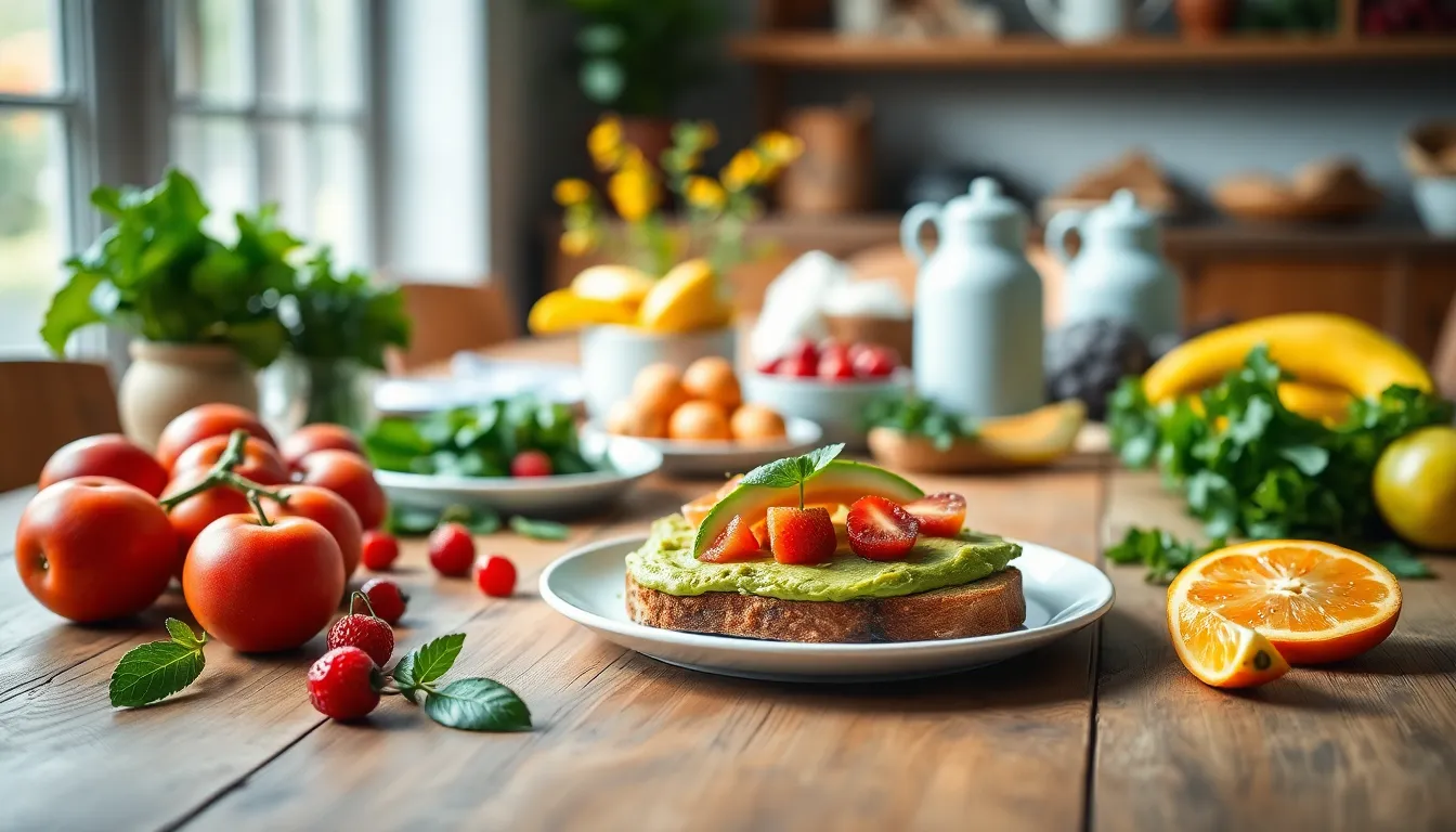 A vibrant brunch table setup featuring a plate of avocado toast alongside an array of fresh fruits including berries and citrus. Bathed in soft, natural light, the composition highlights the fresh ingredients while creating a warm and inviting atmosphere. The shallow depth of field blurs the background, focusing attention on the delicious food. The rustic wooden table adds a touch of organic texture to the scene, making it perfect for brunch enthusiasts and food bloggers.