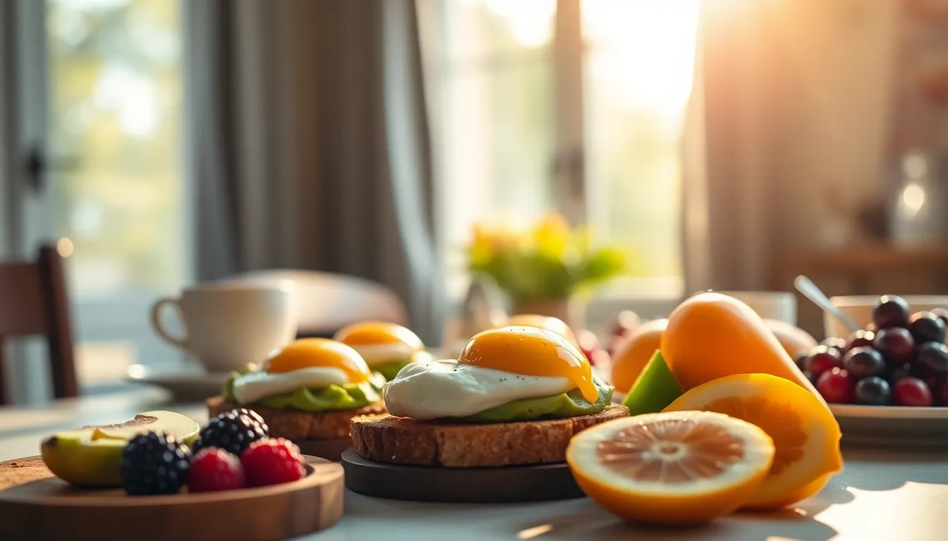 This image captures a delicious brunch setup featuring avocado toast topped with poached eggs and an assortment of fresh fruits. Natural daylight pours in from the large window, illuminating the colorful food and creating a warm, inviting atmosphere. The composition showcases the rich textures and vibrant colors, making it perfect for food-related content. A shallow depth of field adds a touch of elegance, drawing the viewer's eye toward the sumptuous meal.