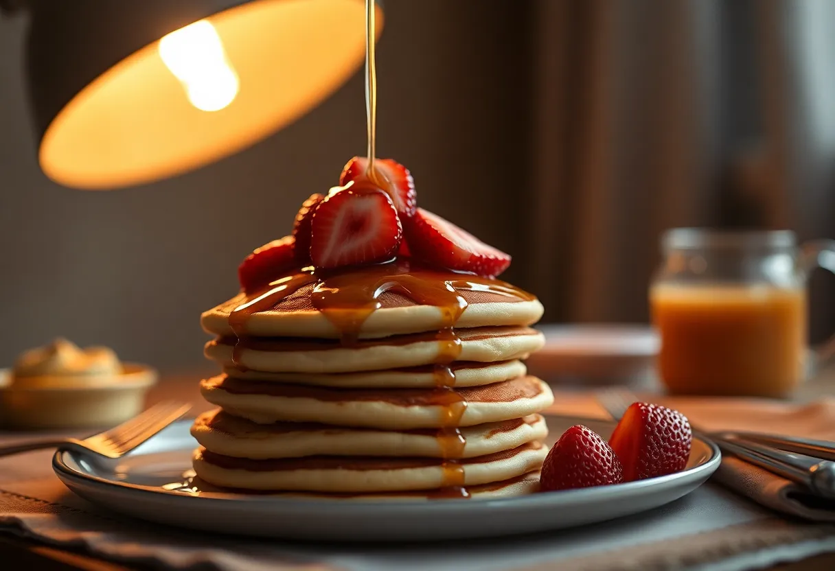 An inviting close-up of a stack of fluffy pancakes generously drizzled with warm maple syrup, adorned with fresh strawberries. The warm glow from a tungsten lamp casts a soft light, creating rich textures and detailing in the syrup and fruit. Surrounded by elegant cutlery, this image embodies a delicious and indulgent brunch moment, perfect for food enthusiasts and culinary publications.