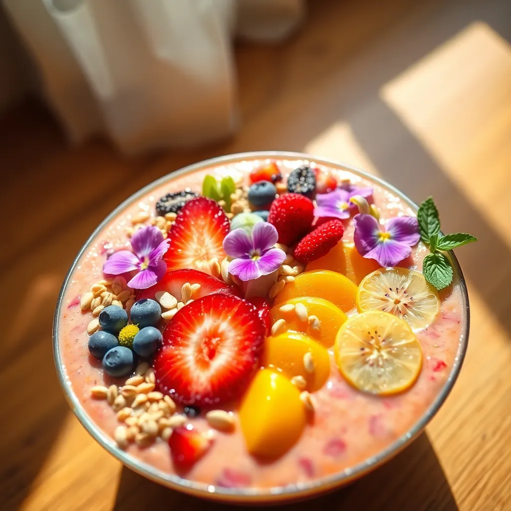 A beautifully arranged smoothie bowl topped with an array of vibrant sliced fruits, seeds, and delicate edible flowers. Captured in stunning detail, this image highlights the fresh ingredients and colorful presentation, making it perfect for health enthusiasts. The bright, saturated colors and sharp focus enhance the appeal of the dish, while the overhead natural light adds warmth to the scene. The clean, modern composition invites viewers to indulge in this healthy brunch option.