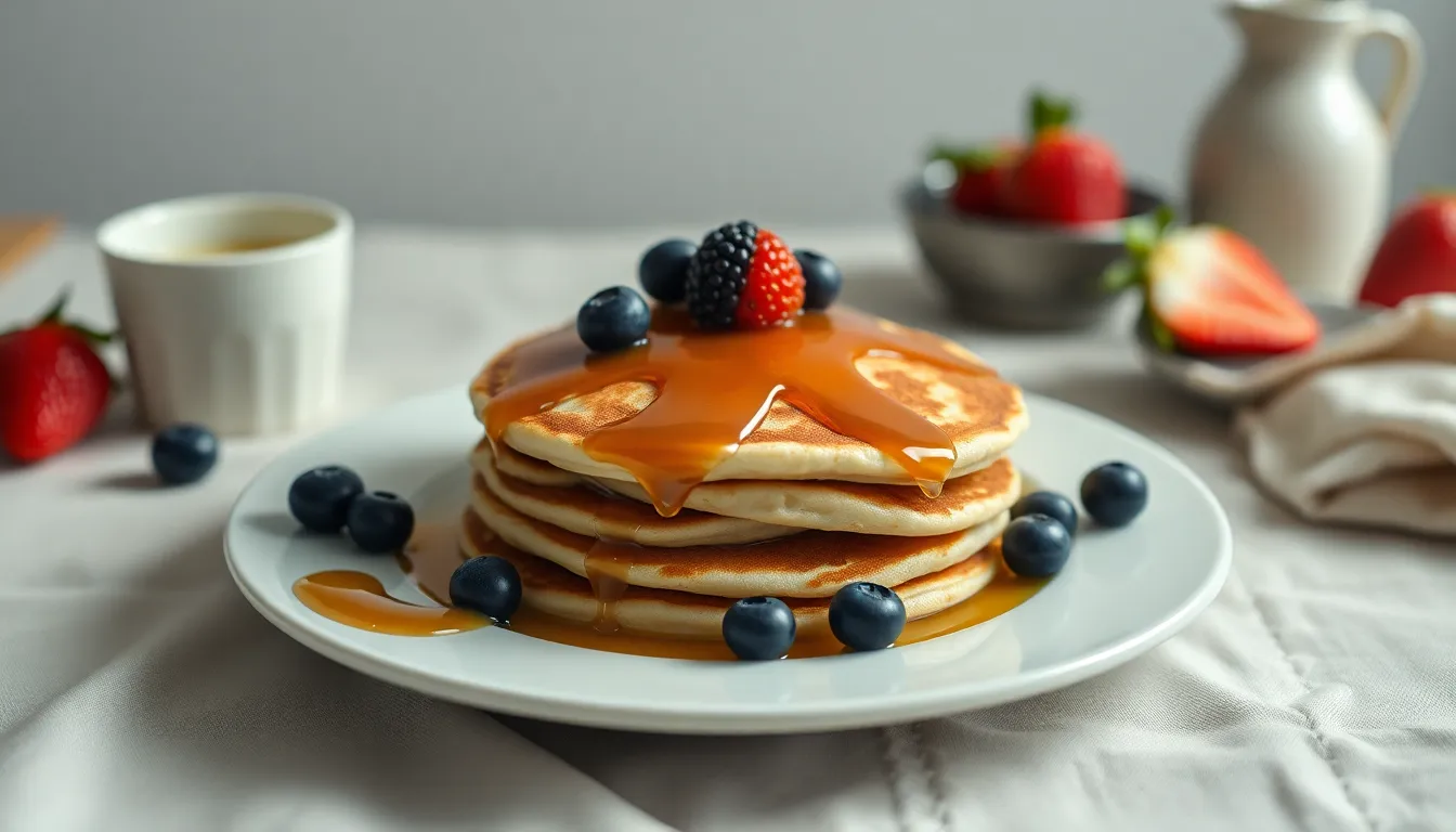 This image showcases a mouthwatering stack of fluffy pancakes drizzled with rich maple syrup and adorned with fresh berries, inviting viewers to indulge in a delicious brunch. The soft diffused light creates an appealing glow, enhancing the warm caramel tones of the syrup and the vibrant colors of the fruit. The shallow depth of field draws attention to the lush texture of the pancakes, allowing the details to shine. The composition, centered on the plate, creates a warm and inviting atmosphere perfect for brunch lovers.