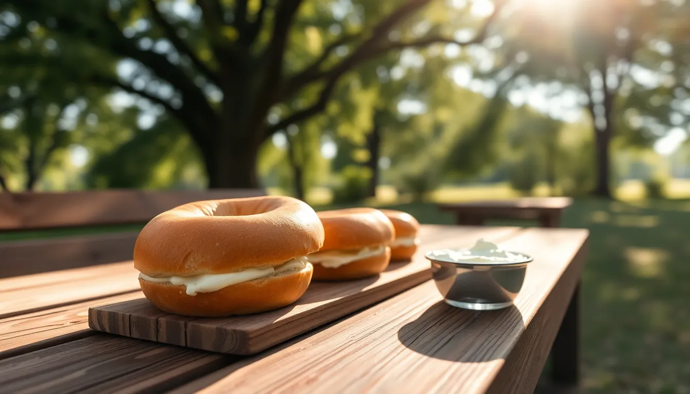 This tranquil brunch scene features a delightful arrangement of fresh bagels topped with creamy spreads, beautifully presented on a rustic wooden picnic table. The dappled sunlight filtering through the trees creates enchanting bokeh highlights, while the natural muted tones emphasize a warm, earthy vibe. The composition draws the viewer's eye towards the appetizing spread, making it an inviting choice for outdoor gatherings.