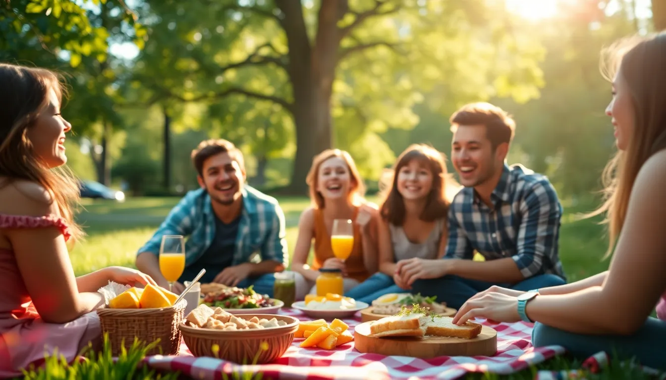 A heartwarming family brunch picnic scene set in a sun-dappled park, filled with laughter and joy. The vibrant greenery and dappled sunlight create a lively and inviting atmosphere for gathering. The soft focus captures happy expressions while emphasizing a delicious spread of food on a traditional checkered blanket. This scene is perfect for conveying the warmth and togetherness of family moments over brunch.