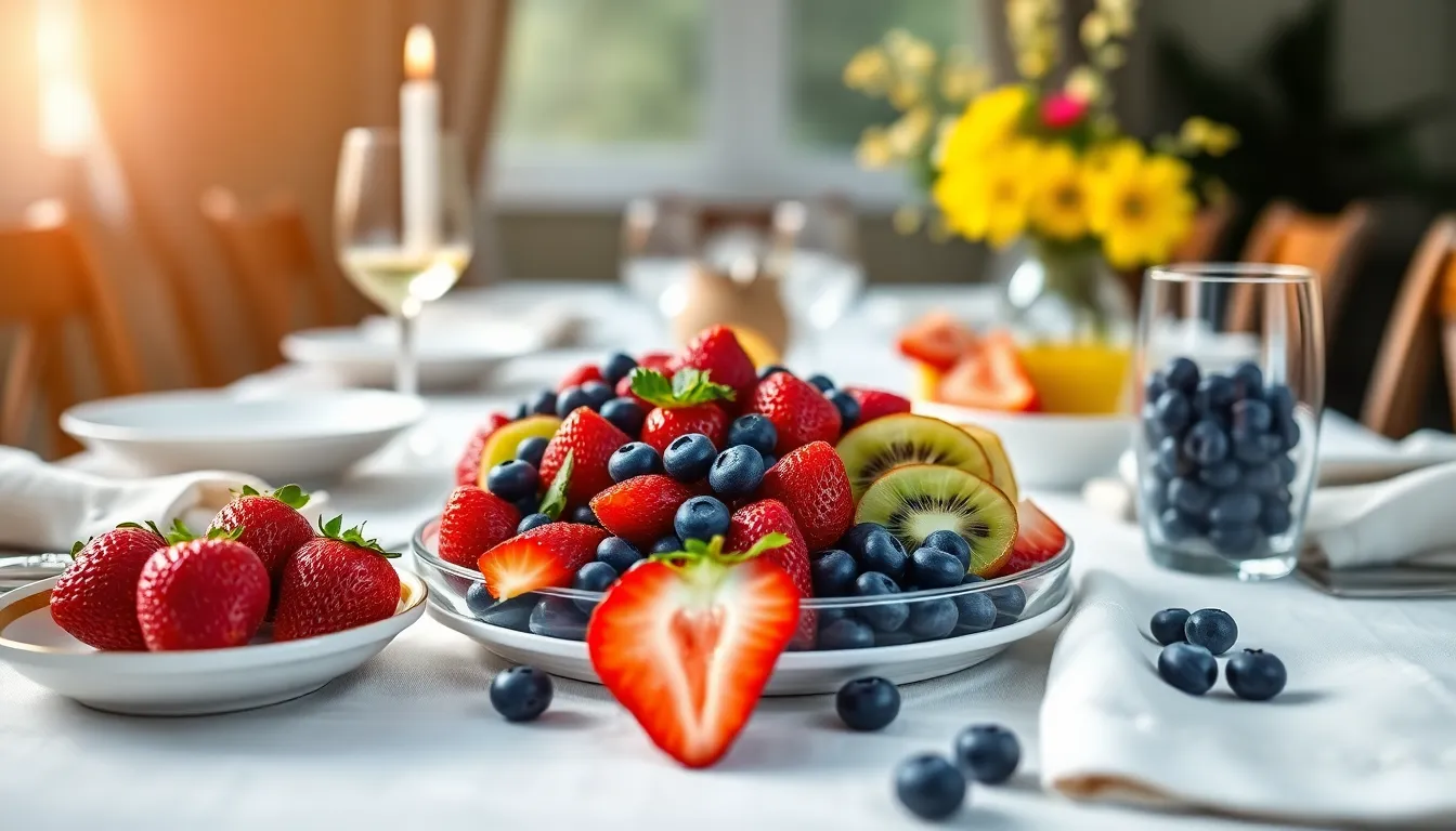 A charming brunch scene set in a cozy café, featuring a steaming cup of coffee alongside a vibrant fruit salad. The plate, garnished with fresh mint leaves, pops against the warm wooden tones of the café's interior. Soft lighting enhances the inviting atmosphere, making it a perfect spot for a relaxing meal. This image captures the warmth and joy of enjoying a leisurely brunch in a delightful setting.
