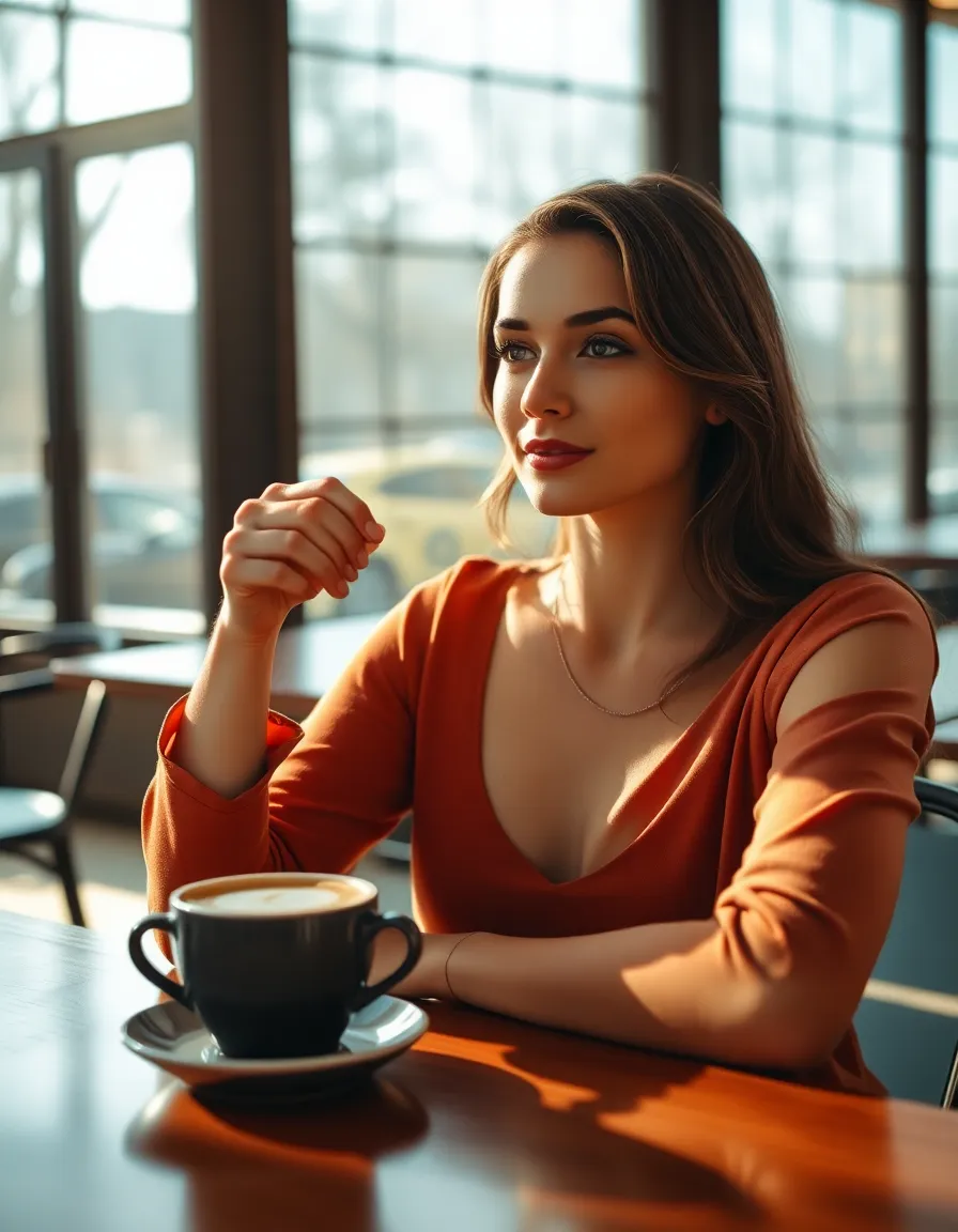Woman Enjoying Cappuccino at Café