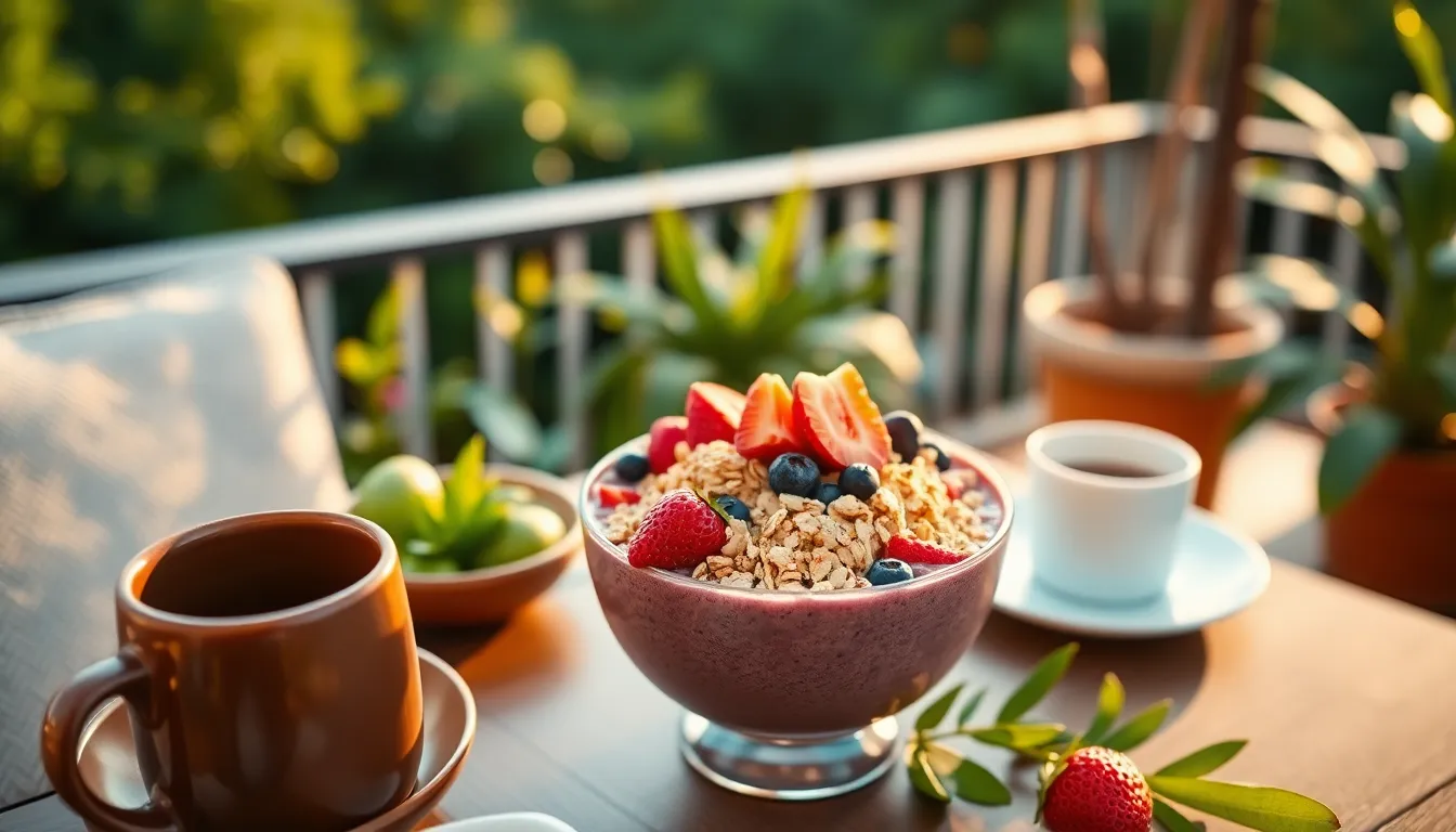 This lively brunch image presents a beautifully crafted smoothie bowl bursting with color, topped with granola and an array of fresh fruits. Set against a lush green backdrop on a terrace, the warm glow of golden hour light enhances the vibrancy and freshness of the dish. The careful composition and striking textures create an inviting appeal for health-conscious brunch enthusiasts.