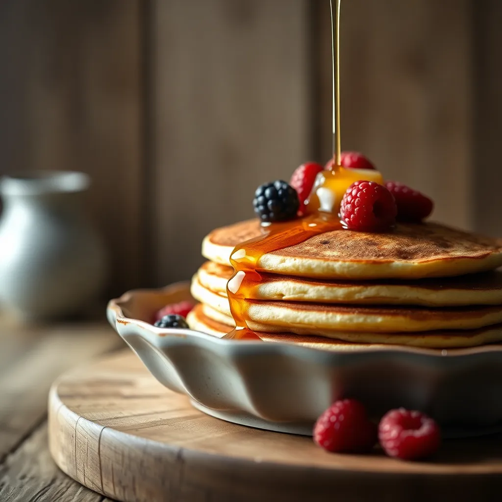 Gourmet Pancake Stack with Berries A decadent stack of gourmet pancakes sits enticingly on a rustic wooden table, drizzled with golden maple syrup and topped with a vibrant assortment of fresh berries. The soft overhead lighting enhances the texture of the pancakes while creating a warm, inviting atmosphere. With a shallow depth of field, the background dissolves into a dreamy bokeh, emphasizing the delicious details of the dish. This close-up shot captures the essence of a luxurious brunch experience.