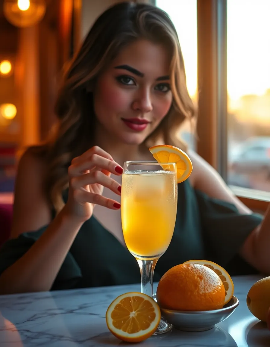 A stylish model enjoying a refreshing mimosa during a sunlit brunch, captured in the warm glow of the golden hour. The image features a vibrant display of colorful fruits, with rich textures in the glass and sunlight enhancing the scene. Framed through a window, the shot conveys elegance and tranquility, making it perfect for lifestyle and brunch-focused content.
