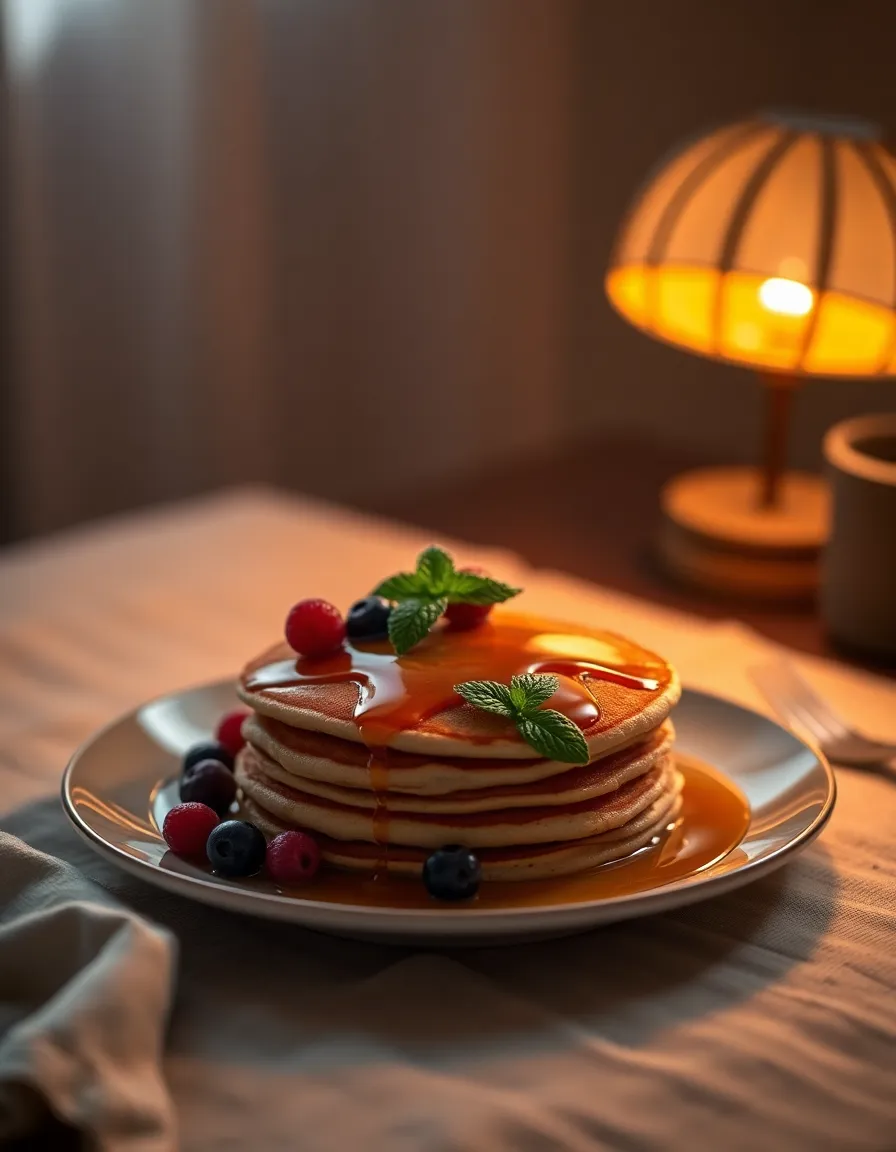This inviting image captures a plate of luxurious pancakes piled high and drizzled with maple syrup, garnished with fresh berries and mint. Warm tungsten light creates a cozy atmosphere, enhanced by the textured linen tablecloth underneath. The shallow depth of field puts focus on the pancakes while softly blurring the background. With rich golden hues, this scene evokes warmth and indulgence, making it ideal for brunch-themed content.