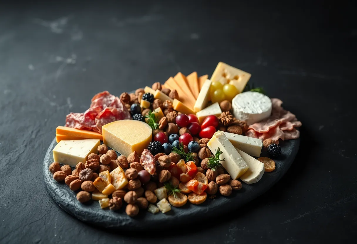 This elegant image showcases a beautifully arranged charcuterie board filled with a variety of gourmet cheeses, meats, nuts, and fruits, elegantly presented on a dark slate background. Soft, diffused studio lighting enhances the textures and colors of the ingredients, creating an inviting atmosphere. The selective depth of field maintains focus on the board, while muted tones provide a sophisticated appearance. This visually stunning charcuterie spread is perfect for brunch enthusiasts.