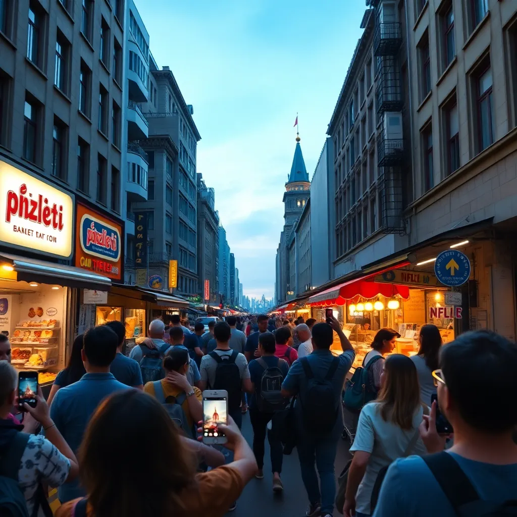 Budget Travelers in Bustling City at Dawn