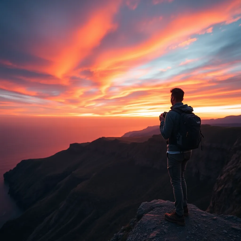 Solo Traveler at Sunset Overlooking Coast