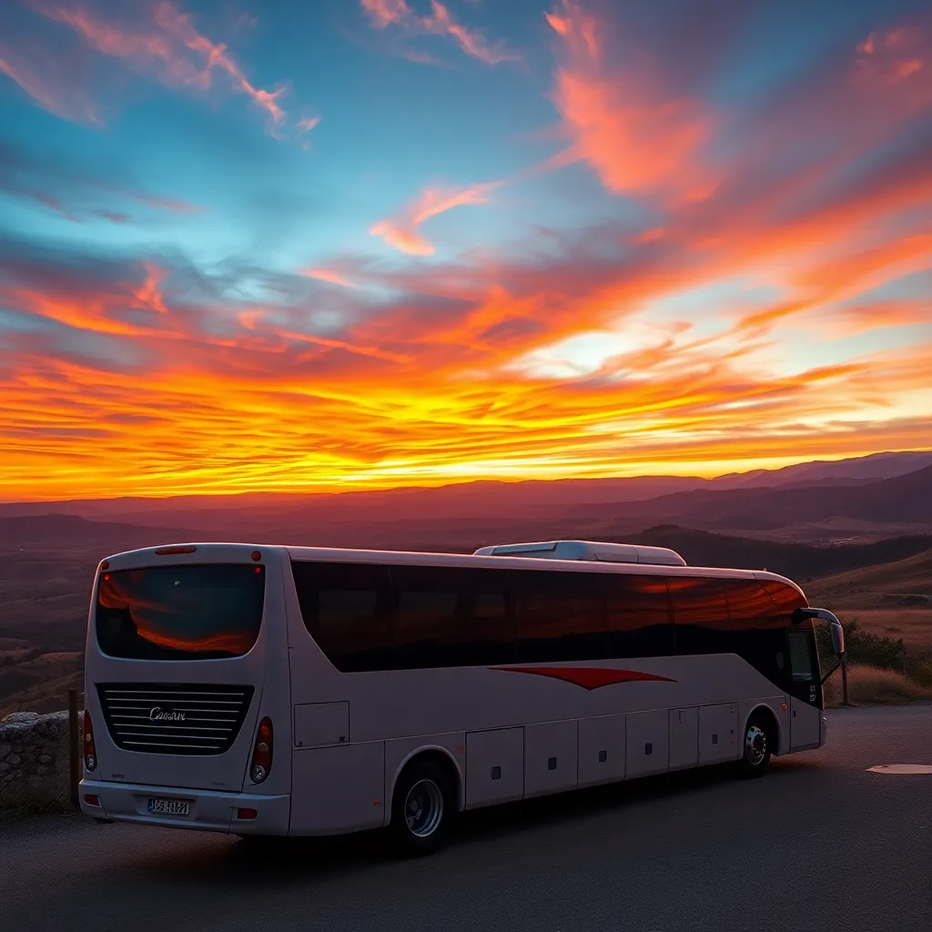 Tour Bus at Scenic Overlook During Sunset